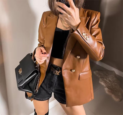 Autumn Winter Women Faux Leather Double Breasted Blazer Loose Faux Leather