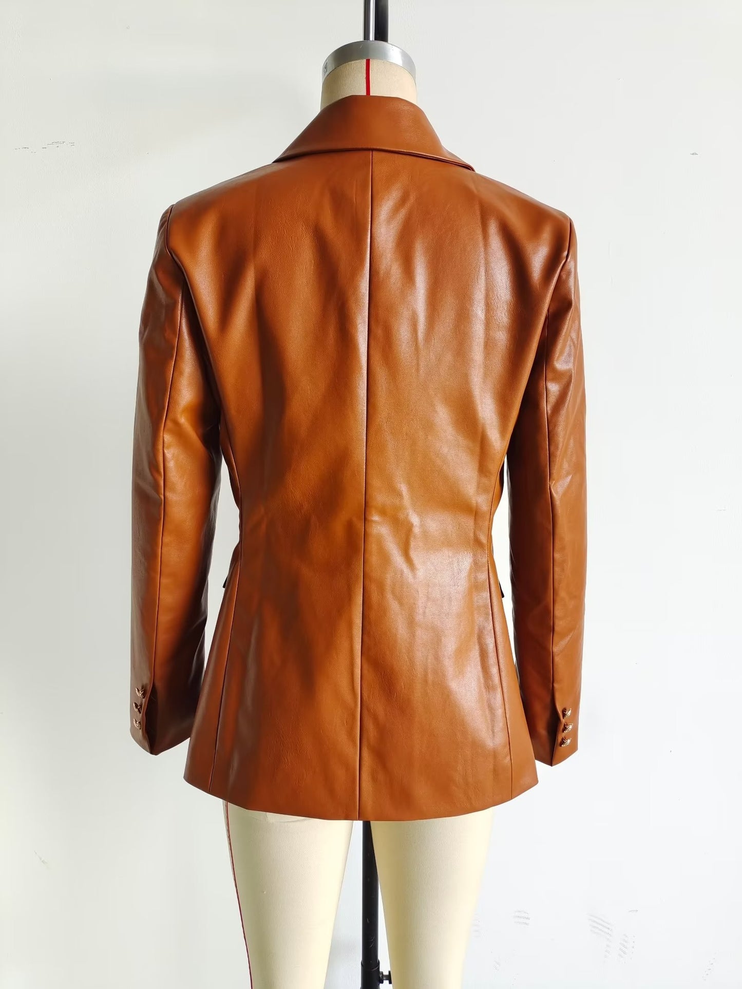 Autumn Winter Women Faux Leather Double Breasted Blazer Loose Faux Leather