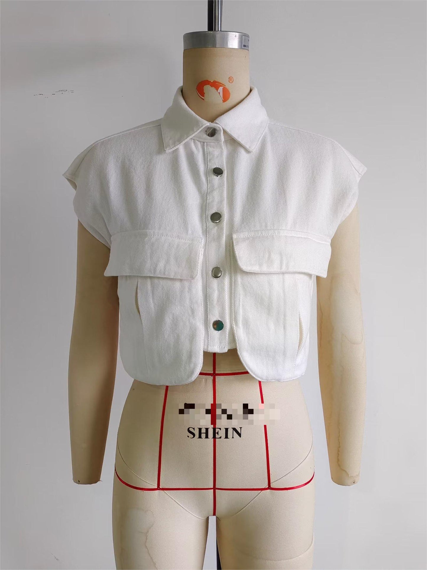 Women Double Pocket Decoration Denim Top Vest