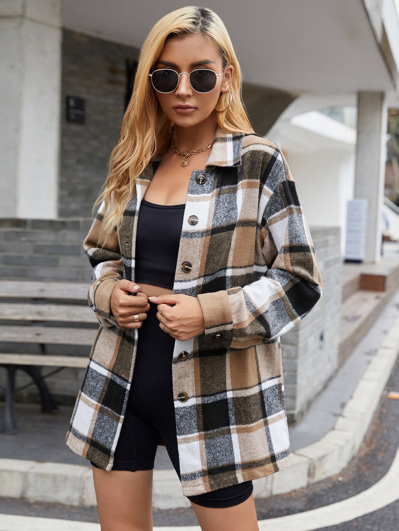 Women Clothing Autumn Winter Plaid Shirt Long Sleeved Woolen Coat