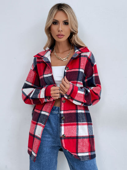 Women Clothing Autumn Winter Plaid Shirt Long Sleeved Woolen Coat