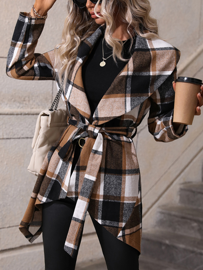 Autumn Winter Long Sleeve V neck Buttons Plaid Printed Coat for Women