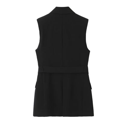 Summer Women Clothing Tuxedo Collar  Belt Vest High Waist Casual