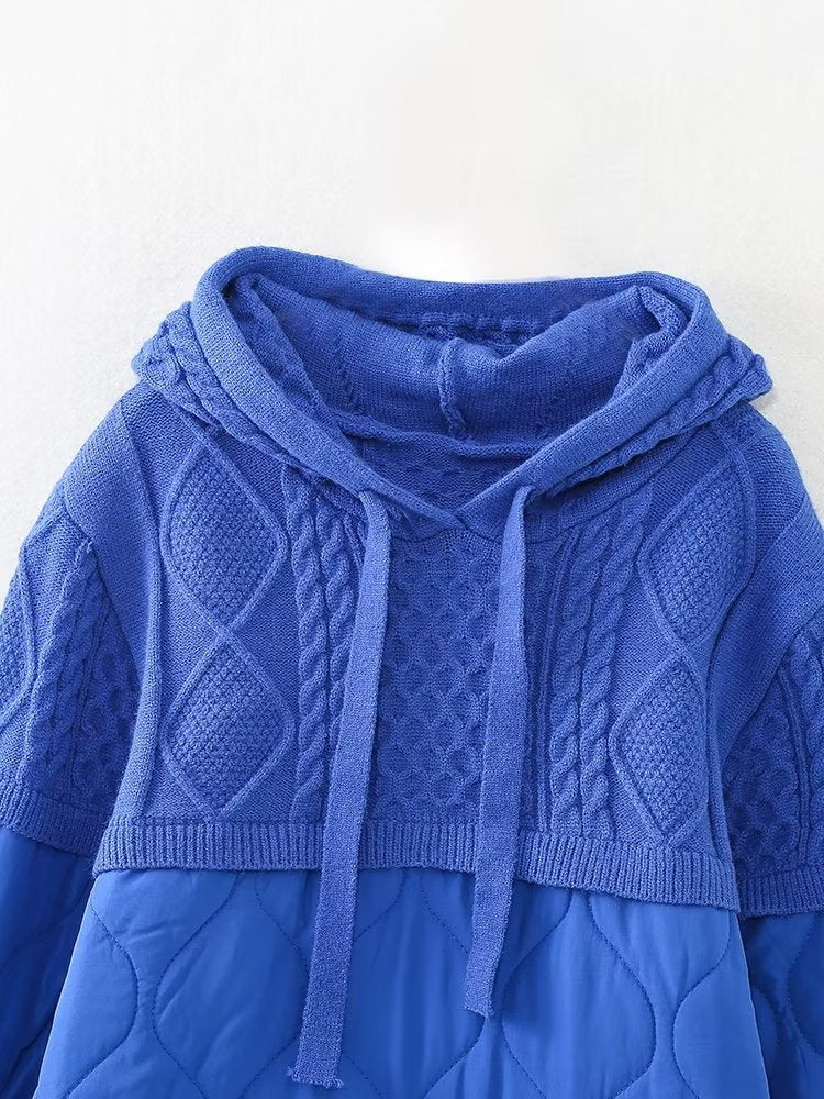 Autumn Winter Women Clothing Patchwork Knitting Hoodie Cotton Coat