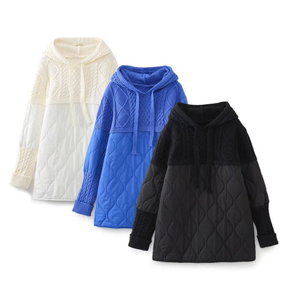 Autumn Winter Women Clothing Patchwork Knitting Hoodie Cotton Coat