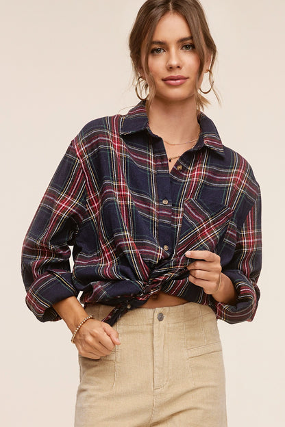 Spring Autumn Women Clothing Polo Collar Pocket Single Breasted Plaid Shirt