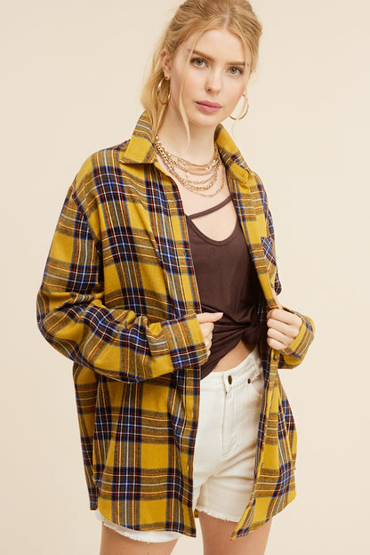 Spring Autumn Women Clothing Polo Collar Pocket Single Breasted Plaid Shirt
