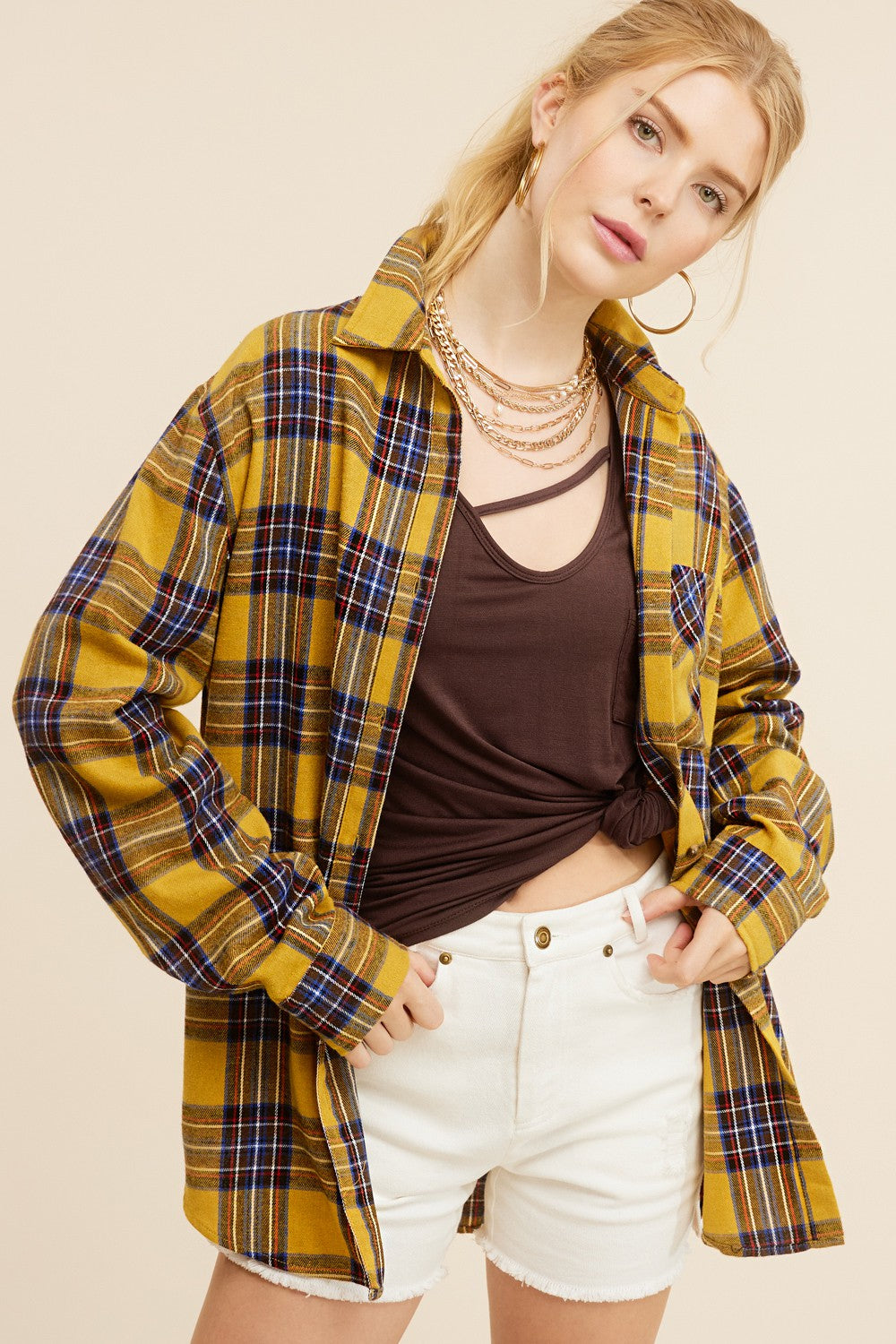 Spring Autumn Women Clothing Polo Collar Pocket Single Breasted Plaid Shirt