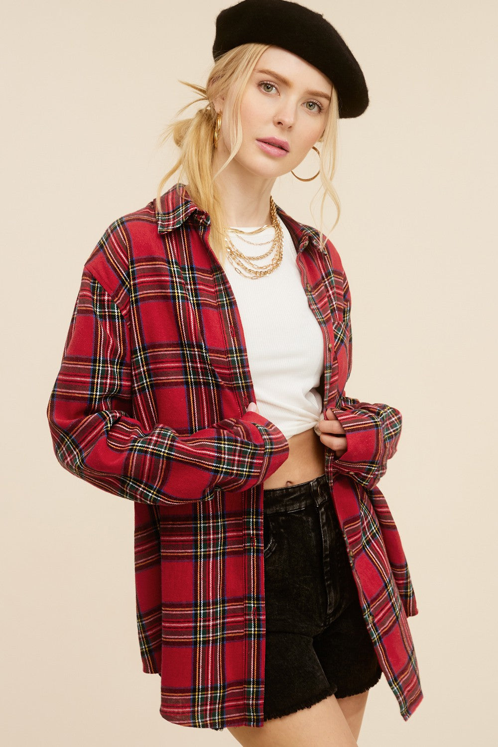 Spring Autumn Women Clothing Polo Collar Pocket Single Breasted Plaid Shirt