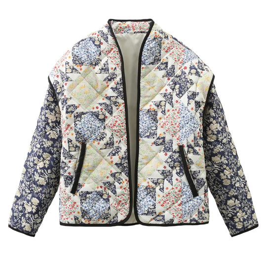 Faux Two Pieces Pattern Print Cotton Padded Jacket Autumn Winter Coat Women