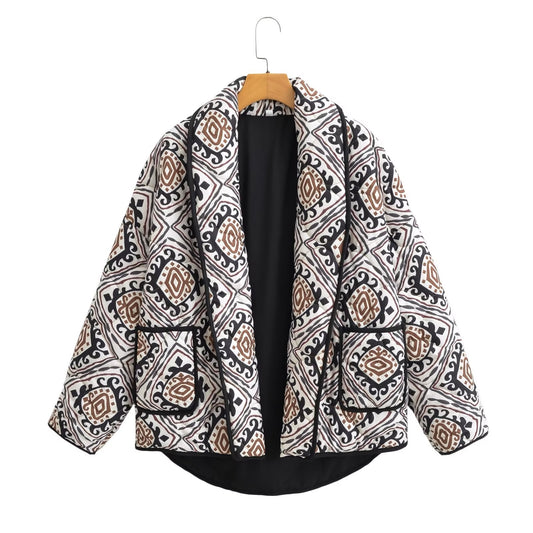 Autumn Winter Women Clothing Retro Stitching Printing Pocket No Buckle Cotton Jacket Short Coat