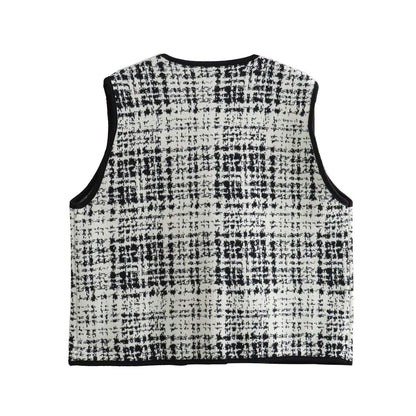 Women Clothing French Plaid Edging V neck Buttons Decoration Sleeveless Knit Vest Vest