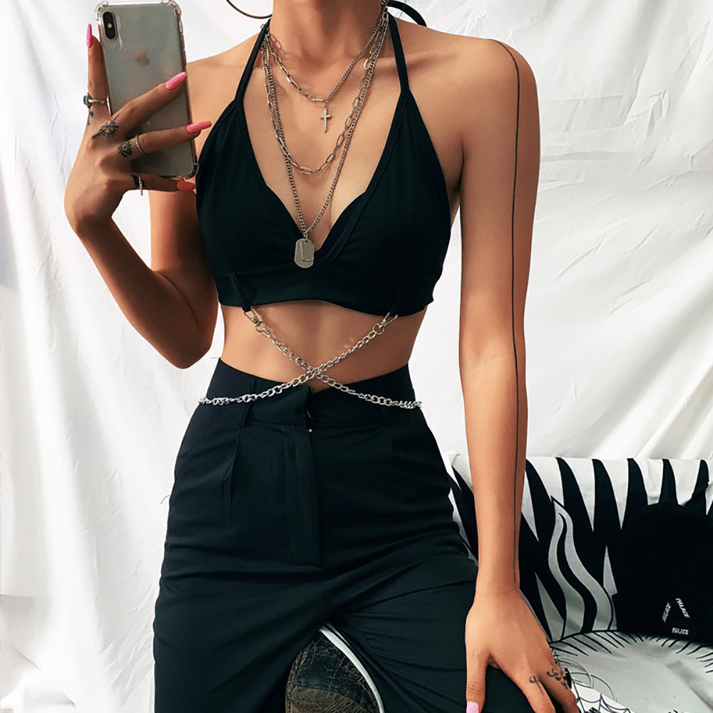 Summer Halter V Neck Lace Up Sexy Backless Metal Decorative Vest Women