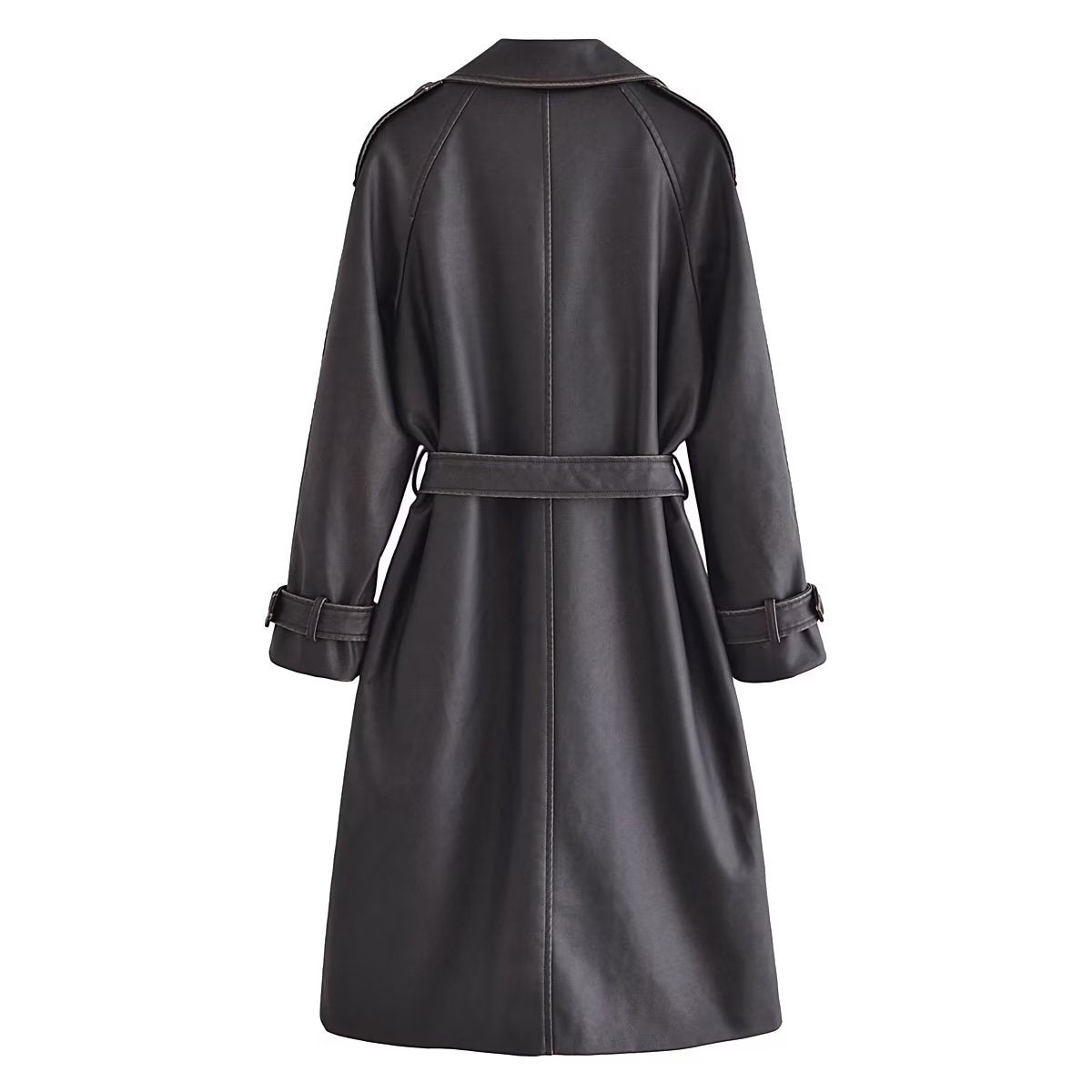 Autumn Winter Women Long Sleeve Collared Bow Waist Distressed Effect Faux Leather Trench Coat