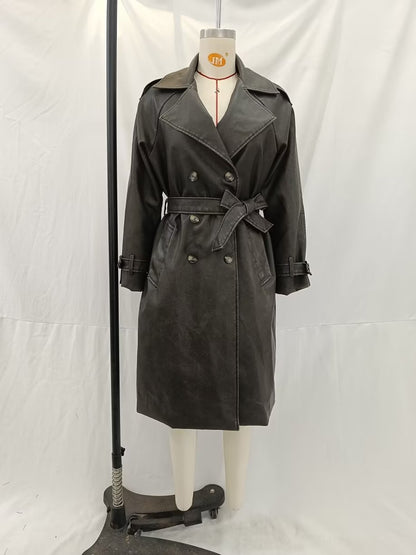 Autumn Winter Women Long Sleeve Collared Bow Waist Distressed Effect Faux Leather Trench Coat