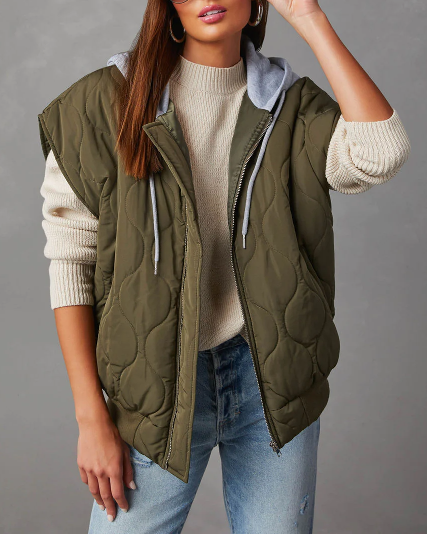 Ladies Autumn Winter Vest  Quilted Cotton Solid Color Loose Thick Hooded Zipper Storage Cotton Jacket