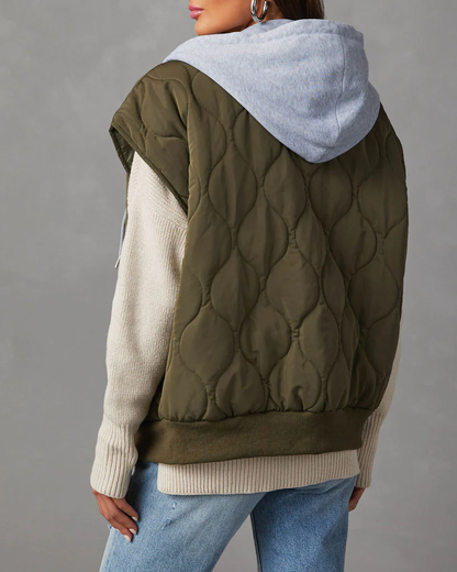 Ladies Autumn Winter Vest  Quilted Cotton Solid Color Loose Thick Hooded Zipper Storage Cotton Jacket