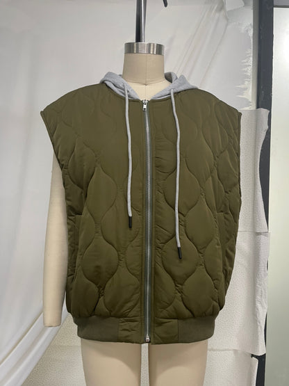 Ladies Autumn Winter Vest  Quilted Cotton Solid Color Loose Thick Hooded Zipper Storage Cotton Jacket