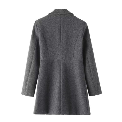 Fashionable Simple Woolen Coat Autumn Solid Color Double Breasted Coat Elegant Collared Long Women Clothing