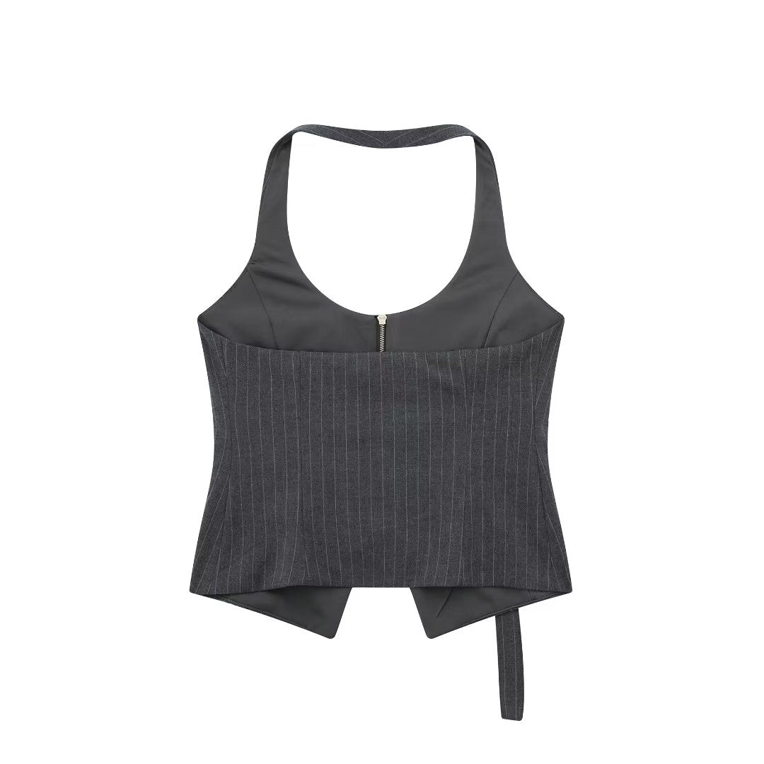 Autumn Halter Backless Waistcoat Women Simple Short Temperamental Pocket Decoration Vest