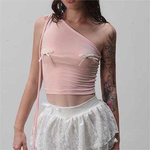 Sweet Spicy Pink Shoulder Lace up Three Dimensional Bow Pink Short Top Women Summer