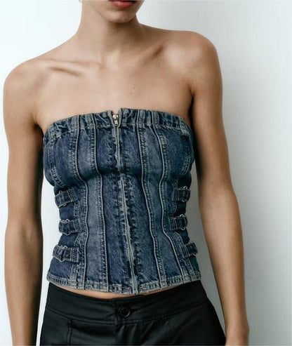 Autumn Tube Top Back Elastic Slim Fit Denim Small Top