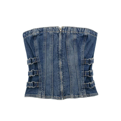 Autumn Tube Top Back Elastic Slim Fit Denim Small Top