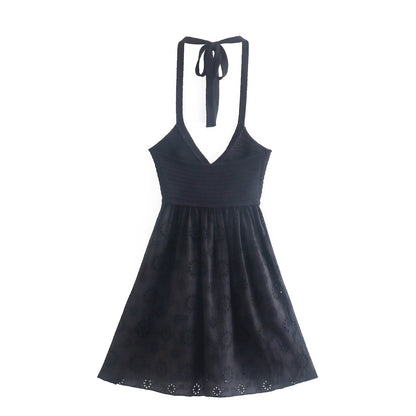 Women Clothing Hollow Out Cutout Embroidery Stitching Knitted Dress Halter Backless Mini Dress