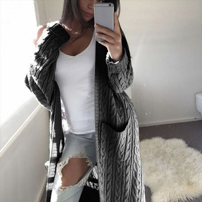 Autumn Winter Wish Knitwear Long Double Pocket Full Body Cable-Knit Sweater Cardigan