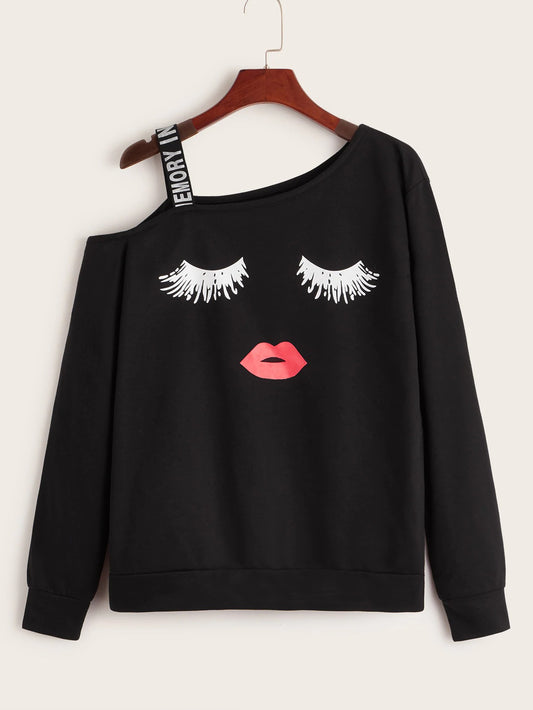 Autumn Winter Lip Eyelash Print Sweet off-the-Shoulder Long Sleeve Sweater