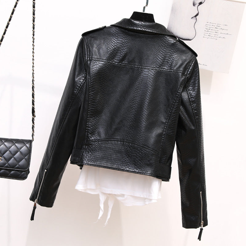 Texture Leather Coat for Women Autumn Polo Collar Belt Faux Leather Jacket Epaulet Short Motorcycle Slim Jacket
