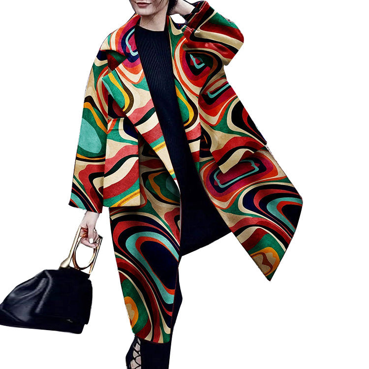 Autumn Winter Fashion Polo Collar Digital Printing Long Sleeve Pocket Coat Overcoat Plus Size