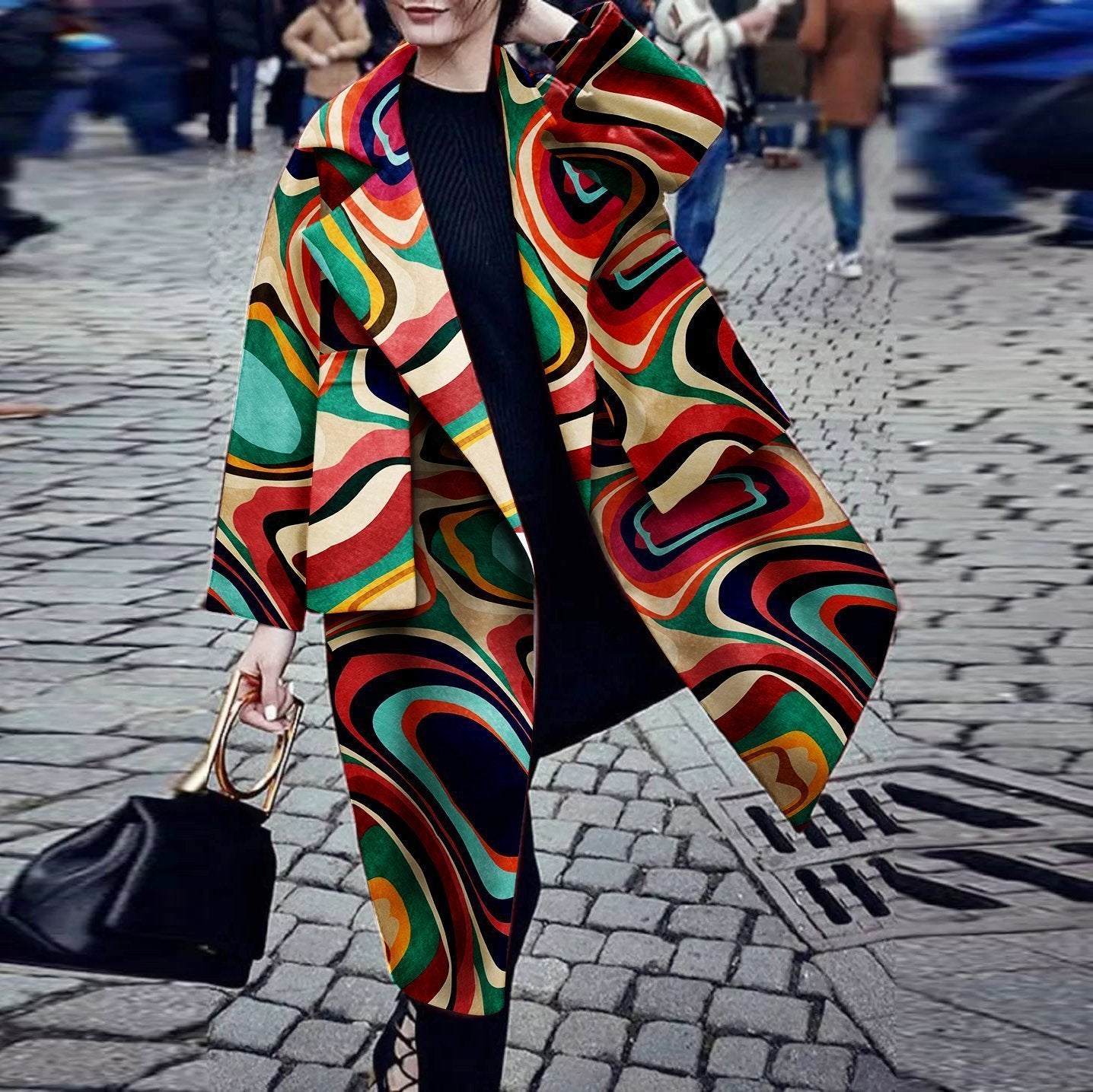 Autumn Winter Fashion Polo Collar Digital Printing Long Sleeve Pocket Coat Overcoat Plus Size