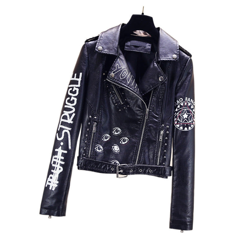 Punk Collared Women Faux Leather Coat Epaulet Belt Printing Motorcycle Clothing Leather Jacket Rivet Short Coat