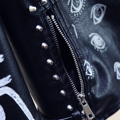 Punk Collared Women Faux Leather Coat Epaulet Belt Printing Motorcycle Clothing Leather Jacket Rivet Short Coat