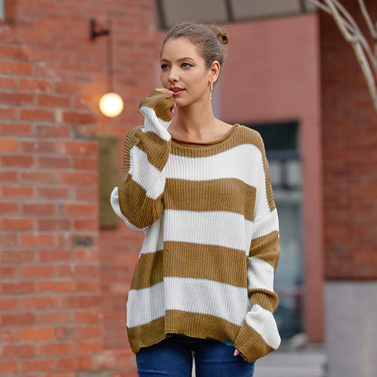 Autumn Winter Women Clothing Sweater Women Curling with round Neck Striped Color Matching Sweater Women