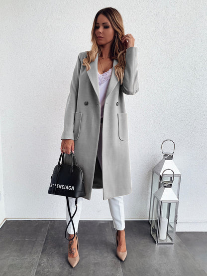 Popular Autumn Winter Solid Color Long Sleeve Double Pocket Collar Woolen Coat For Women Plus Size