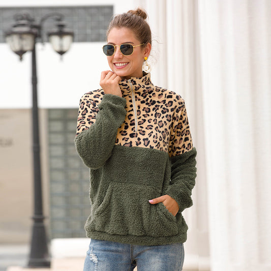 Zipper Collared Double-Sided Velvet Leopard Splicing Sweater for Women