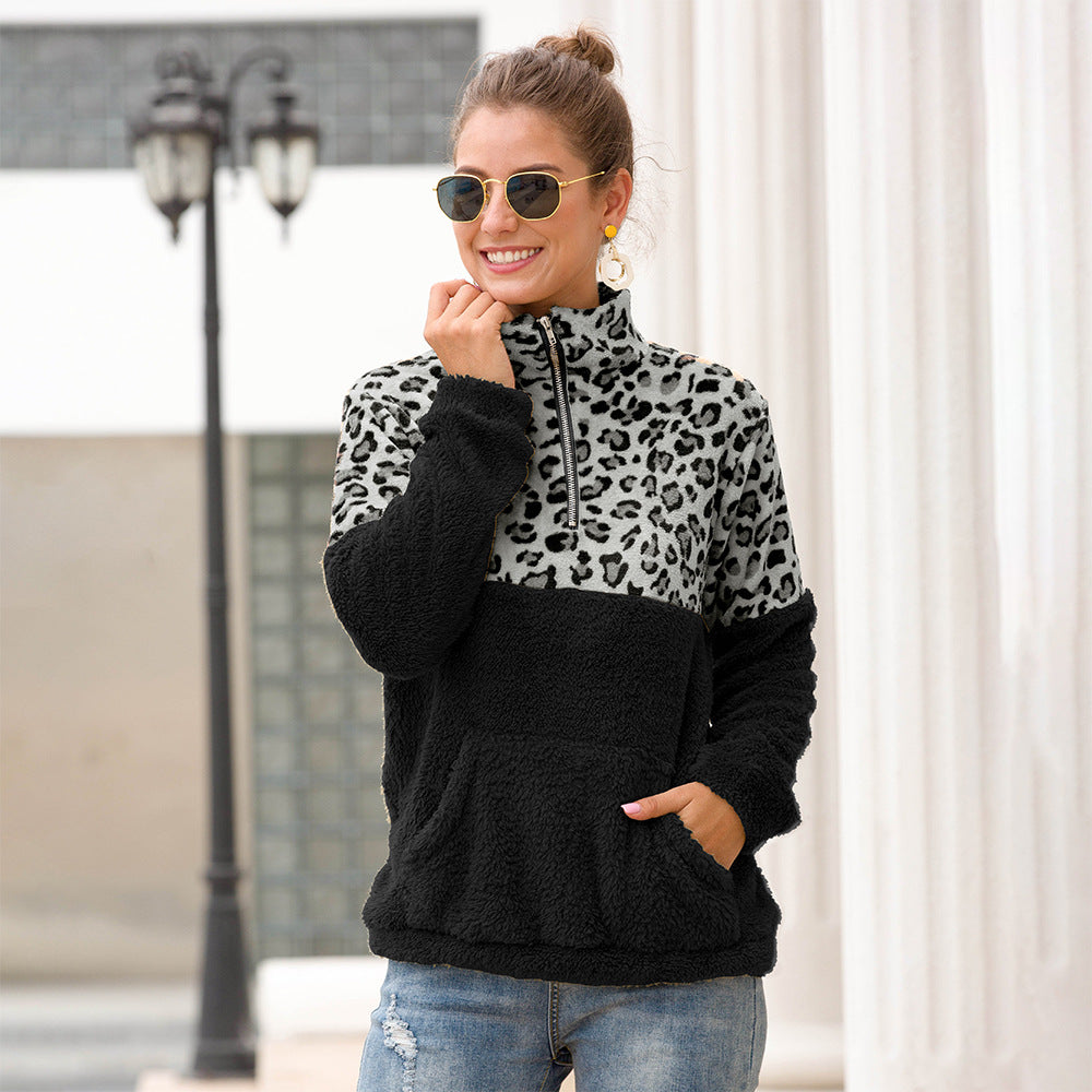 Zipper Collared Double-Sided Velvet Leopard Splicing Sweater for Women