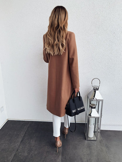 Popular Autumn Winter Solid Color Long Sleeve Double Pocket Collar Woolen Coat For Women Plus Size