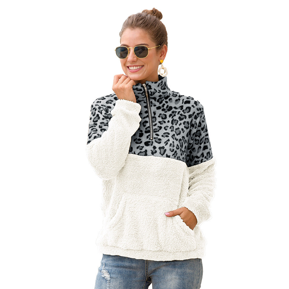 Zipper Collared Double-Sided Velvet Leopard Splicing Sweater for Women