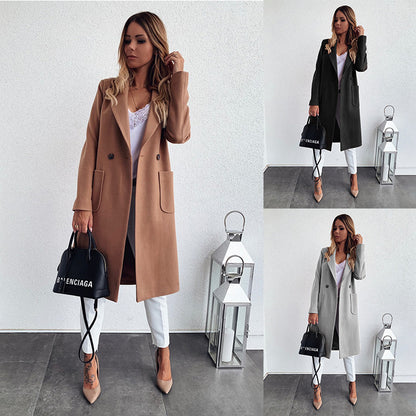 Popular Autumn Winter Solid Color Long Sleeve Double Pocket Collar Woolen Coat For Women Plus Size