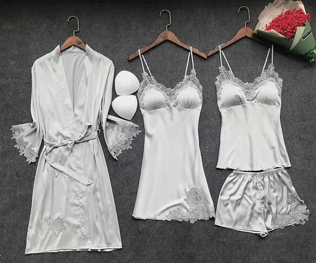 Women Summer Four-Piece Ice Ribbon Chest Pad Home Wear Suit Sexy Summer Small Breast Emotional Clothing  Plus Size