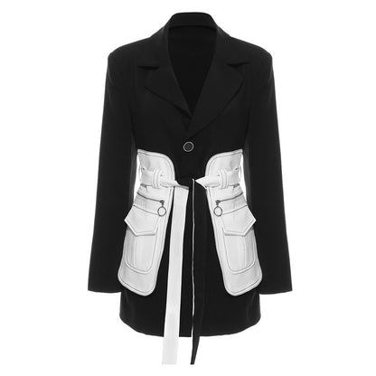 Black White Glue Pieces Retro Nostalgic Black White Contrast Color Tight Waist Mid-Length Small  Blazers