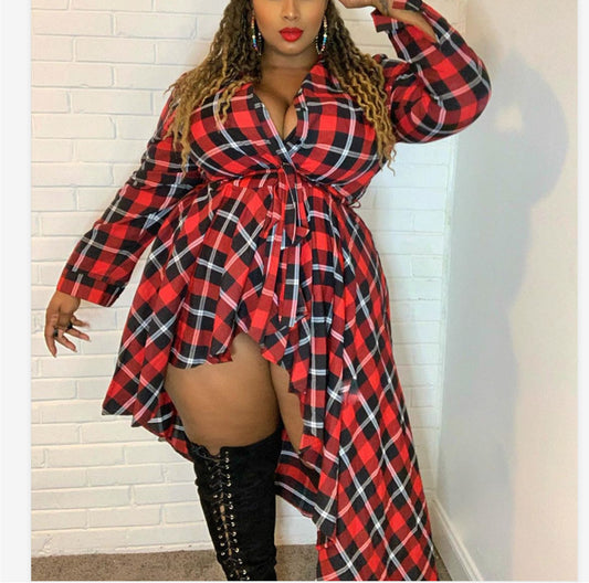 Plus Size Women Clothes Sexy Lacing Irregular Asymmetric Hem Large Long Plaid Shirtdress