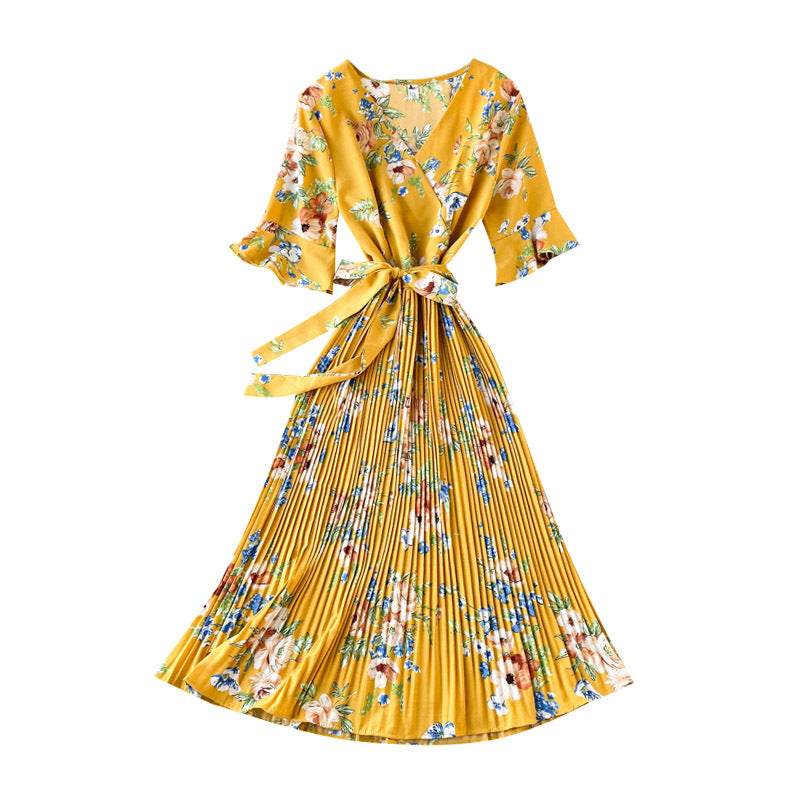 Pleated Dress Short Sleeve Summer New Retro Elegant Chiffon Printed V-neck Bell Sleeve Waist-Tight Slimming Maxi Dress