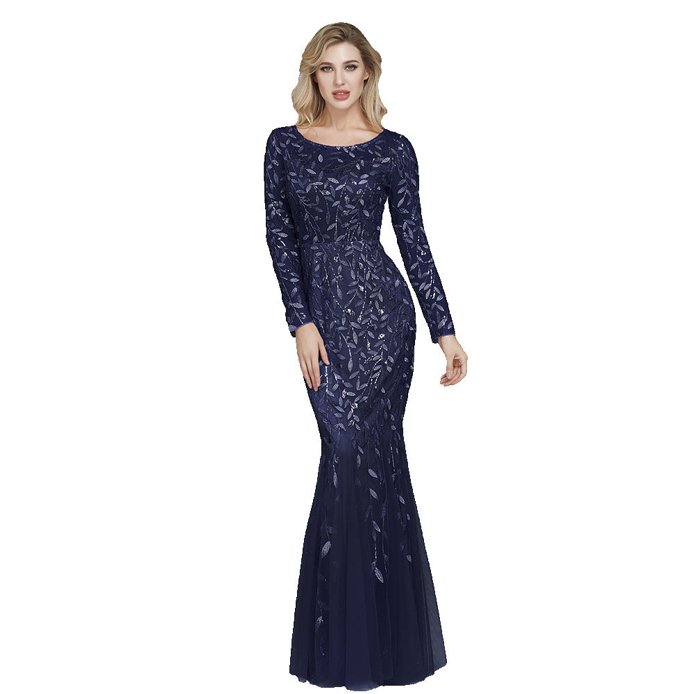Spring Multi-Color Long Sleeve round Neck Fishtail Banquet Evening Dress for Women