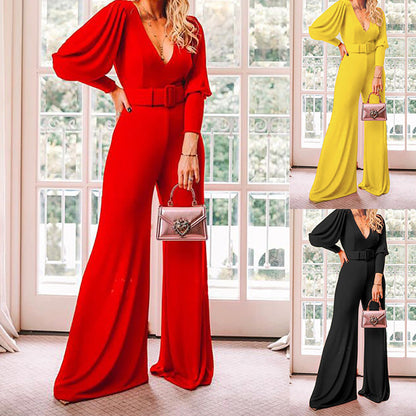 Spring Ladies V Neck Long Sleeve High Waist Jumpsuit