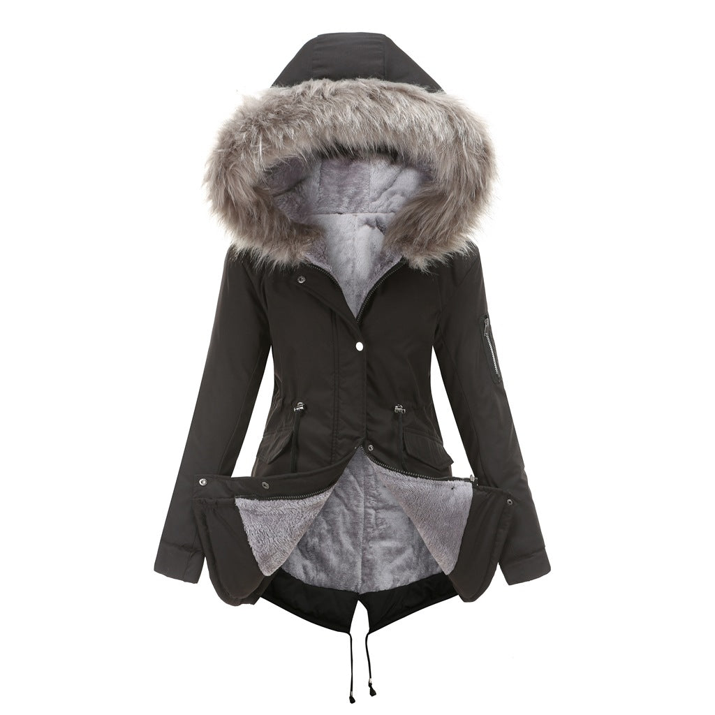 Size Big Fur Collar Thickened Women Cotton-Padded Coat Mid-Length Hooded Winter Warm Fleece Overcoat Cotton-Padded Coat