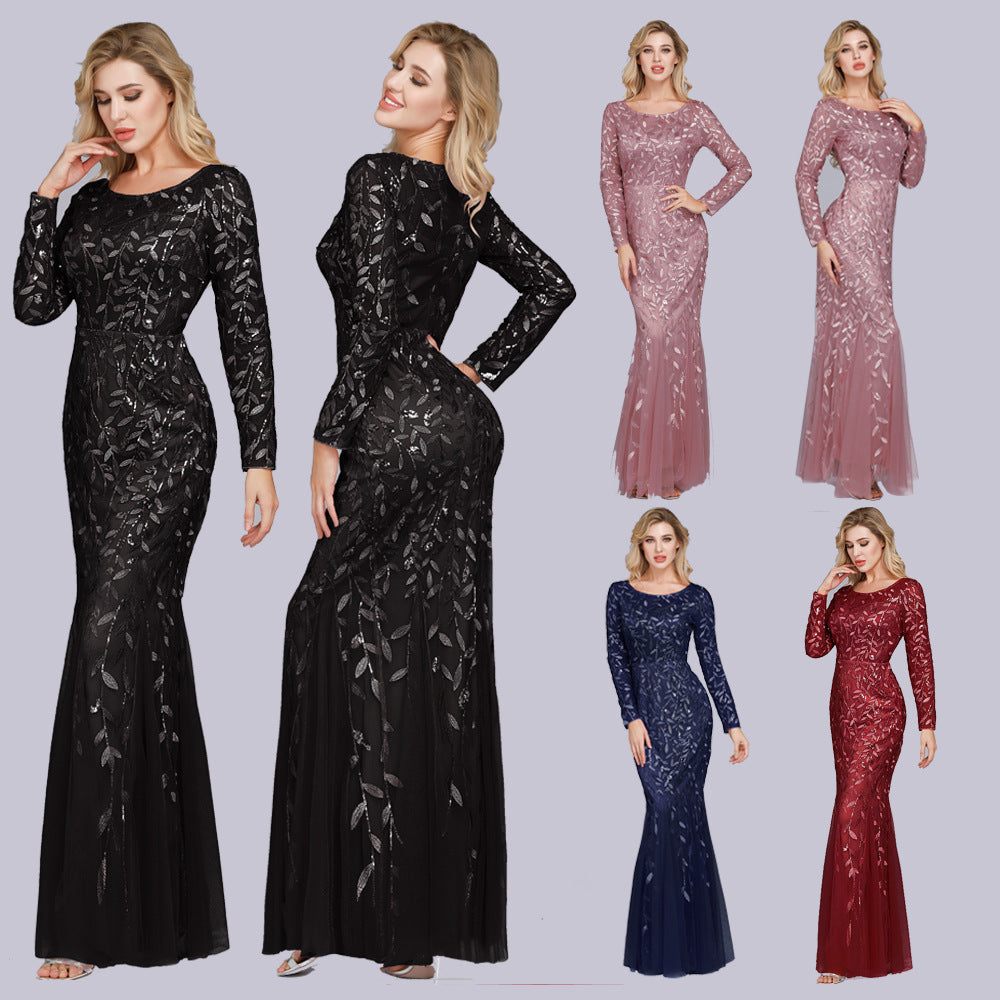 Spring Multi-Color Long Sleeve round Neck Fishtail Banquet Evening Dress for Women